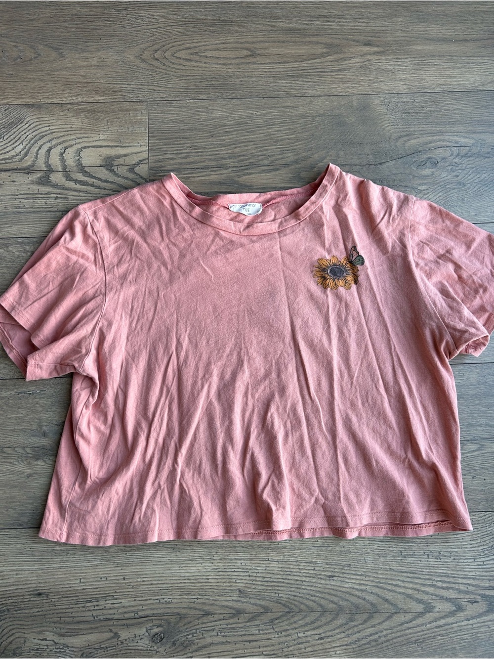 Philosophy of Love Pink Cropped Tee with Sunflower & Butterfly Graphic